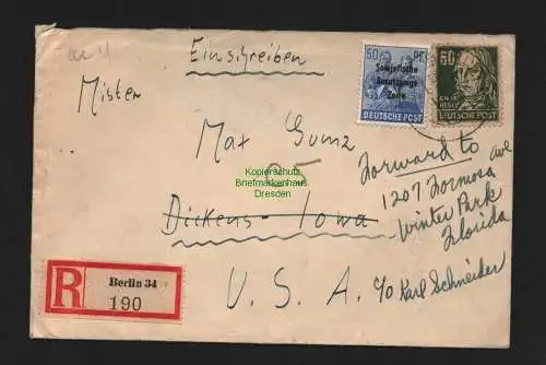 B4623 SBZ 1949 Einschreiben nach Iowa USA