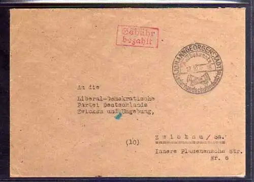 B491 SBZ Brief Gebühr bezahlt 1945 Johanngeorgenstadt