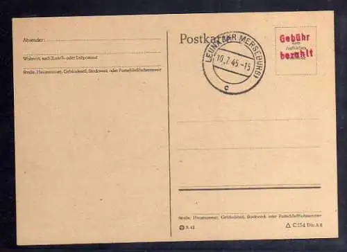 B546 SBZ Karte Gebühr bezahlt 1945 Leuna Kr. Merseburg c