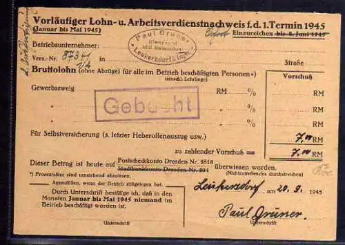 B545 SBZ Karte Gebühr bezahlt 1945 Leukersdorf Erzgebirge Berufsgenossenschaft