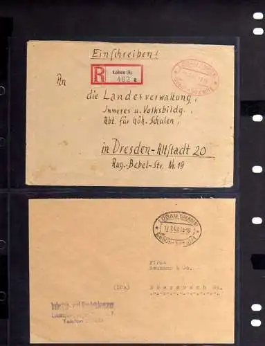 B556 2x SBZ Brief Gebühr bezahlt 1945 Löbau Sachsen rot Einschreiben 1948 schwar
