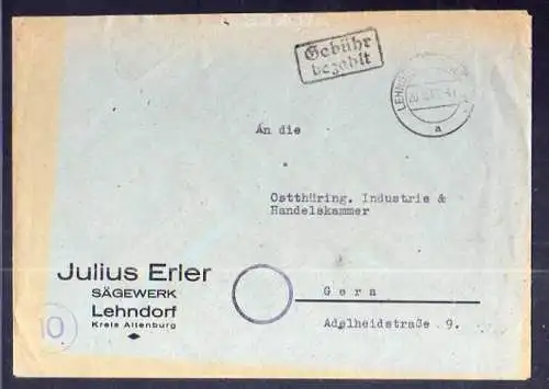 B538 SBZ Brief Gebühr bezahlt 1948 Lehndorf Kreis Altenburg Sägewerk Julius Erle