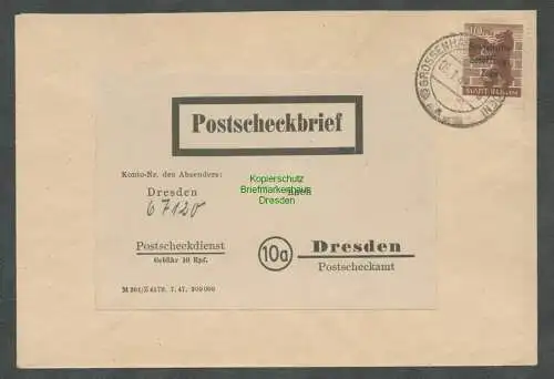 B5913 Brief Postscheckbrief SBZ 10Pfg Berliner Bär 203 EF Grossenhain - Dresden