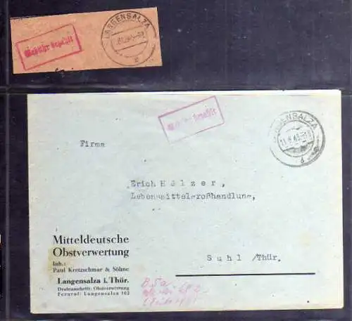 B528 SBZ Brief Gebühr bezahlt 1945 Langensalza Thür. Mitteldeutsche Obstverwertu