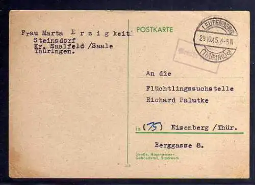 B549 SBZ Karte Gebühr bezahlt 1945 Lichtenhain Kr. Rudolstadt Aräometerherstellu