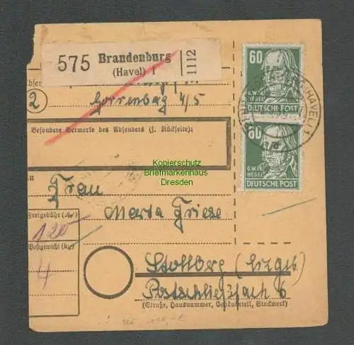 B5001 SBZ Paketkarte 225 MeF Brandenburg Havel 1951 nach Stollberg Erzgebirge