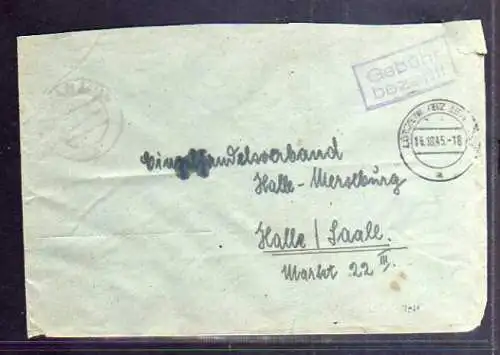 B564 SBZ Brief Gebühr bezahlt 1945 Lützen Kr. Merseburg Wendeumschlag innen noch
