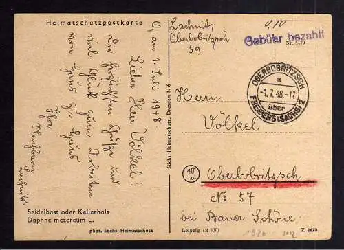 B1920 Postkarte SBZ Gebühr bezahlt 1948 Währungsreform Oberbobritzsch über Freib