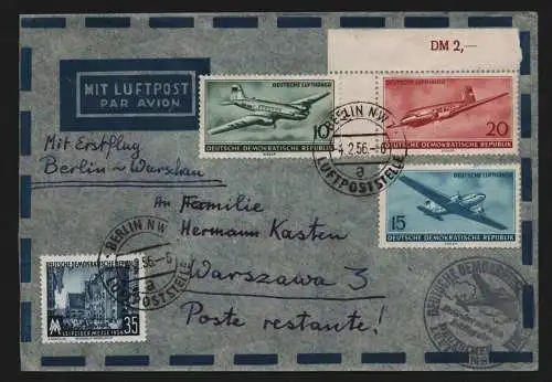 B13037 DDR Luftpost Brief Erstflug Berlin NW 7 Warschau Luftpoststelle 1956