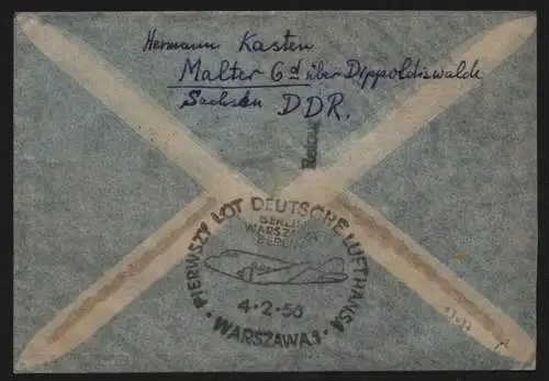 B13037 DDR Luftpost Brief Erstflug Berlin NW 7 Warschau Luftpoststelle 1956