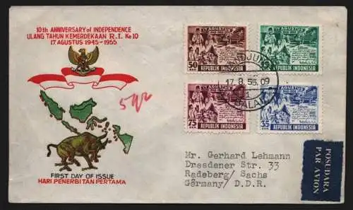B13059 Indonesien 1955 143 - 146 FDC nach Radeberg DDR 10 Jahre Republik Tahun