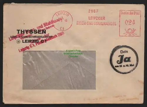 B11465 Brief DDR Propaganda Leipzig Stahlhandel Thyssen 1949 Wahl Dein Ja