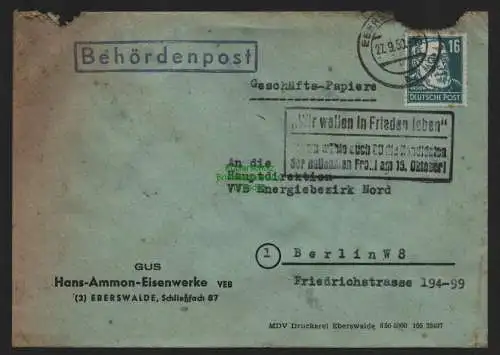 B10755 Brief DDR Propaganda Eberswalde GUS Eisenwerke 1950 Wir wollen in Frieden