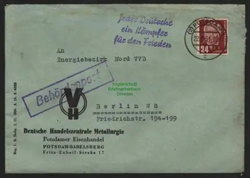B10686 Brief DDR Propaganda Potsdam 1951 Jeder Deutsche ein Kämpfer für den Frie