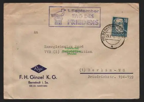 B10695 Brief DDR Propaganda Bernstadt Sachs. 1949 1. September Tag des Friedens