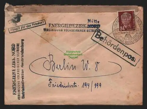 B10685 Brief DDR Propaganda Neubrandenburg 1951 Friedenstaube Kämpft f d Frieden