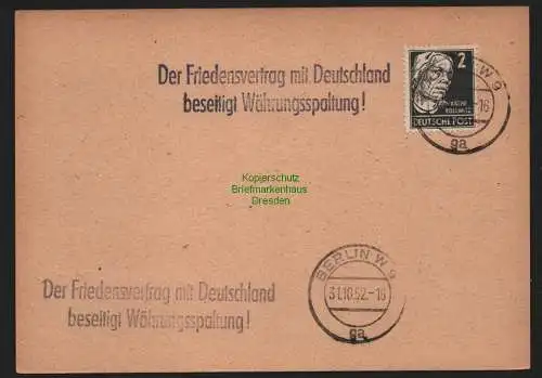 B11026 Karte DDR Propaganda Losung Berlin 1952 Der Friedensvertrag m Deutschland