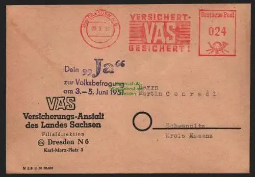 B10730 Brief DDR Propaganda Dresden 1951 Dein "Ja" zur Volksbefragung VAS nach