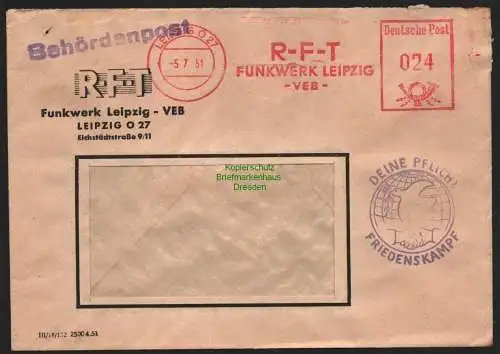 B10702 Brief DDR Propaganda Funkwerk Leipzig 1951 Deine Pflicht Friedenskampf