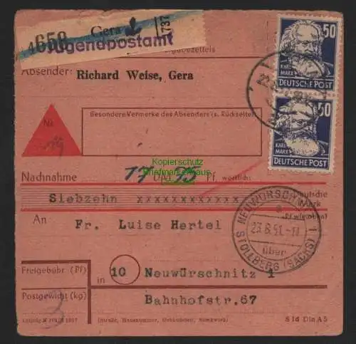 B11247 SBZ DDR Paketkarte Gera 1951 2x 224 MeF  Jugendpostamt nach Neuwürschnitz