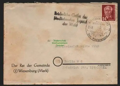 B10684 Brief DDR Propaganda Wiesenburg Mark 1951 Brüderliche Grüße Jugend Welt