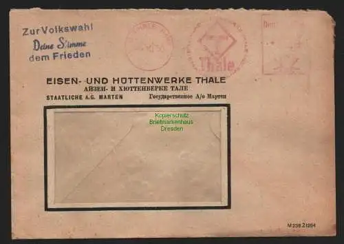 B10756 Brief DDR Propaganda Thale 1950 Zur Volkswahl Deine Stimme dem Frieden