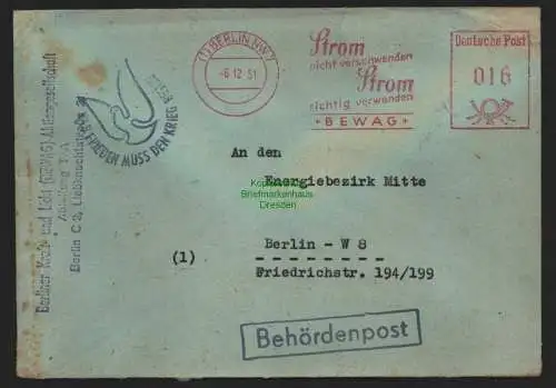 B10713 Brief DDR Propaganda Berlin 1951 BEWAG Der Frieden muss d. Krieg besiegen