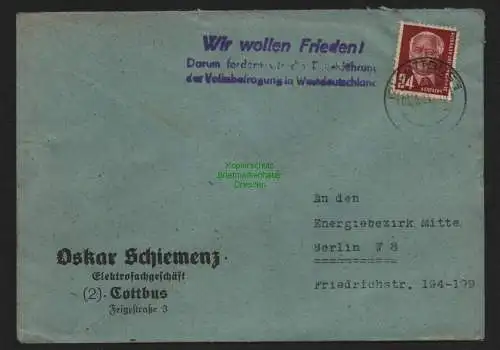 B10724 Brief DDR Propaganda Cottbus 1951 Wir wollen Frieden ! Darum fordern wir