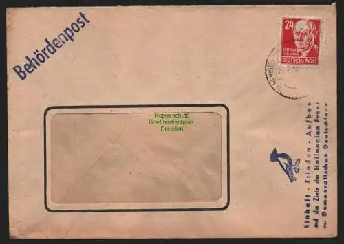 B10697 Brief DDR Propaganda Hennigsdorf Einheit Frieden Aufb. 1950 Friedenstaube
