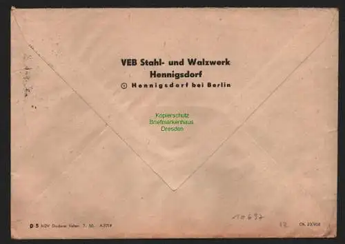 B10697 Brief DDR Propaganda Hennigsdorf Einheit Frieden Aufb. 1950 Friedenstaube