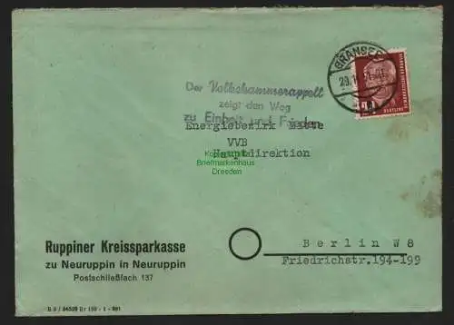 B10759 Brief DDR Propaganda Gransee 1951 Der Volkskammerappell Einheit Frieden