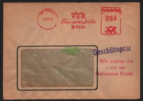 B10733 Brief DDR Propaganda VEB Stahl- und Walzwerk Riesa 1950 Nationalen Front