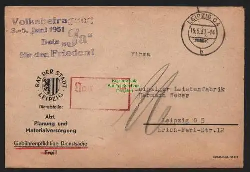 B10742 Brief DDR Propaganda Leipzig 1951 Volksbefragung Dein Ja für den Frieden