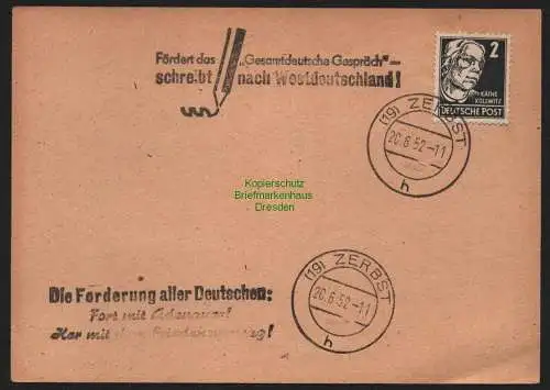 B11023 Karte DDR Propaganda Losung Zerbst 1952 Fördert d Gesamtdeutsche Gespräch
