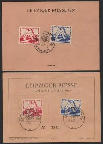 B-14568 2 verschiedene DDR Gedenkblatt Kärtchen 282 283 Leipziger Messe 5.3.51