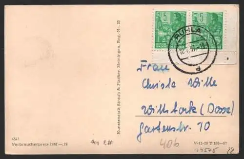 B-14575 DDR Postkarte Ruhla 1957 mit 2x 5 Pfg. aus Markenheftchen mit Rand MH