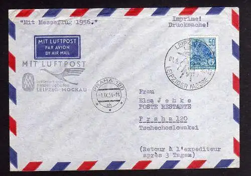 104786 Brief DDR Leipziger Messe 1956 Luftpost Messeflughafen Mockau nach Prag
