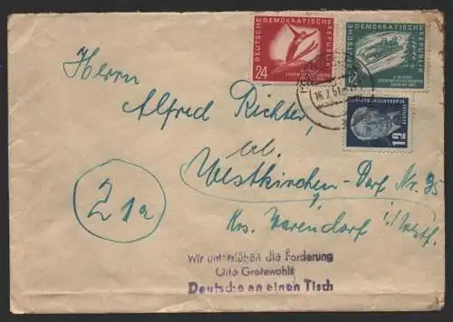 B-14567 Brief DDR 280 281 Görlitz 16.2.51 Propaganda Deutsche an einen Tisch