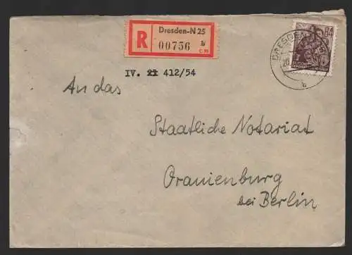 B-14529 DDR Brief 379 EF Dresden Einschreiben an Notariat Oranienburg 20.9.54