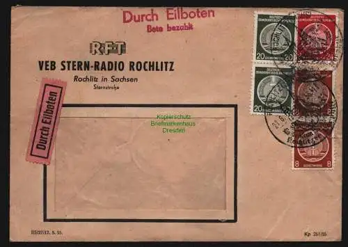 B12658 DDR Dienst 1955 Eilboten Brief VEB RFT Stern Radio Rochlitz nach Radeberg