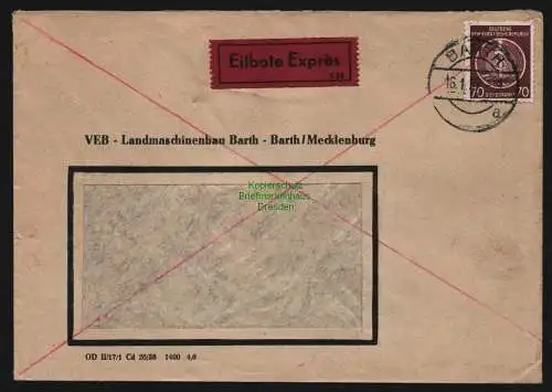 B12668 DDR Dienst 16 EF Eilboten Brief Barth Mecklenburg an Sachsenwerk Radeberg