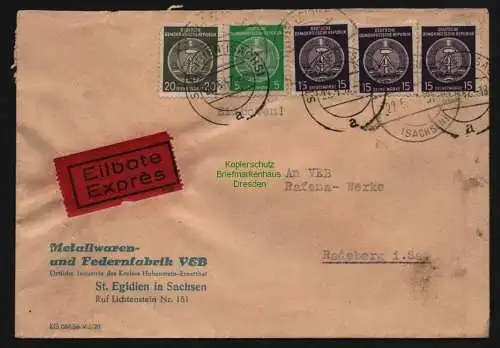 B12654 DDR Dienst 1957 Brief Eilboten St. Egidien an VEB Rafena Werke Radeberg