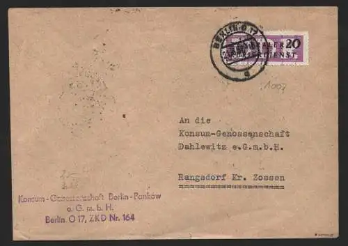 B14308 DDR ZKD Brief 1957 11 1607 Pankow Konsum Genossenschaft ZKD 164 an Dahlew