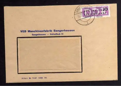 B1453 DDR ZKD 15 Kontrollzahl 8016 Brief Sangerhausen geprüft BPP VEB Maschinenf