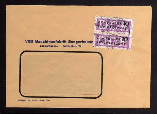 B1452 DDR ZKD 2x 10 Kontrollzahl 8016 Brief Sangerhausen geprüft BPP VEB Maschin