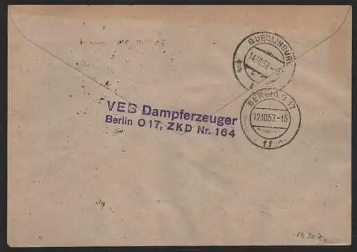 B14307 DDR ZKD Brief 1957 2x10 1607 Pankow VEB Dampferzeuger ZKD 164 an nach Que