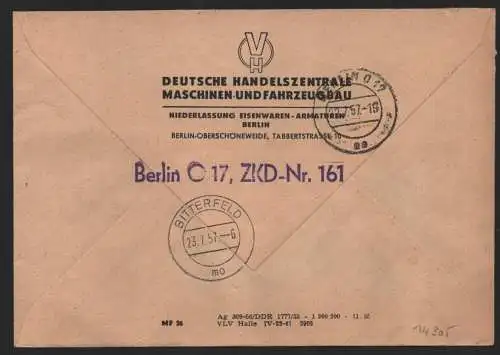 B14305 DDR ZKD Brief 1957 2x14 1606 Treptow DHZ Maschinen- und Fahrzeugbau ZKD 1