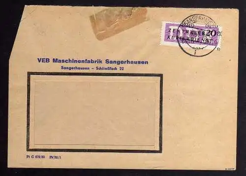 B1454 DDR ZKD 15 Kontrollzahl 8016 Brief Sangerhausen geprüft BPP VEB Maschinenf