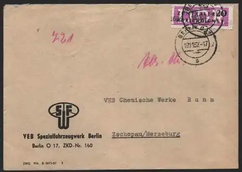 B14306 DDR ZKD Brief 1957 15 1606 Treptow VEB Spezialfahrzeugwerk ZKD 160 an VEB