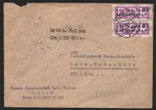 B14309 DDR ZKD Brief 1957 2x14 1607 Pankow Konsum Genossenschaft ZKD 165 an VEB